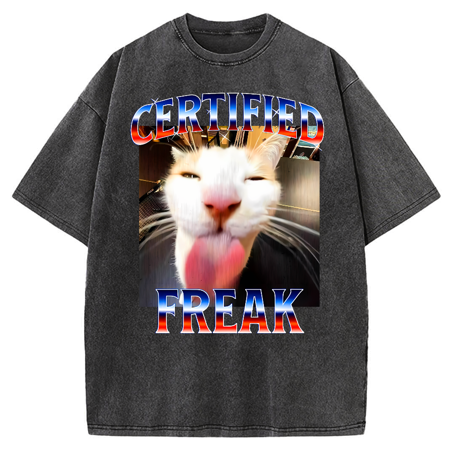 Certified Freak Cat Tongue Out - Funny Meme Cat Vintage Washed T-shirt
