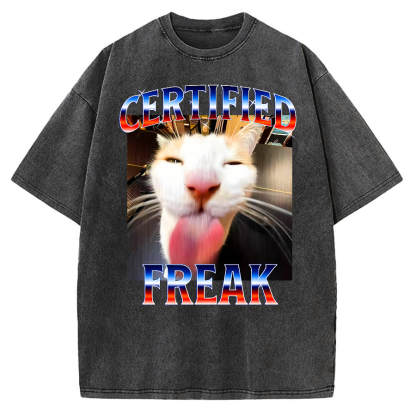 Certified Freak Cat Tongue Out - Funny Meme Cat Vintage Washed T-shirt