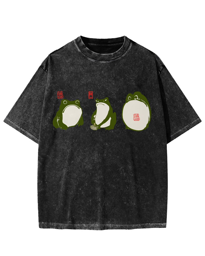 Cute Japanese Frog Vintage Washed T-shirt-Zazasy