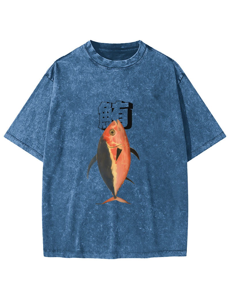 Japanese Ocean Fish Pattern Vintage Distressed T-shirt-Zazasy