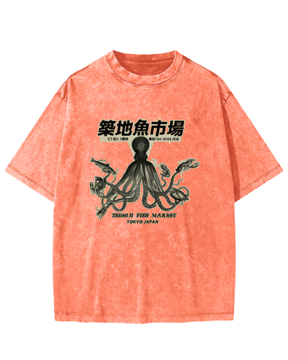 Japanese Octopus Pattern Vintage Distressed T-shirt-Zazasy