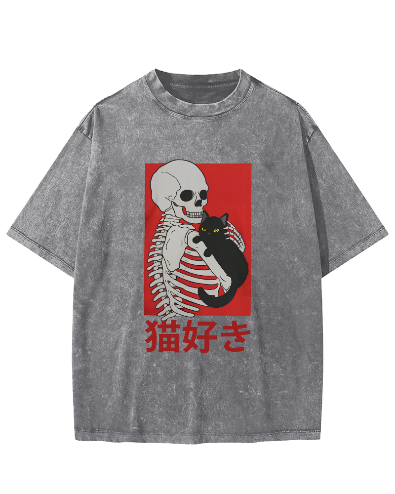 Skeleton And Cat Japanese Style Vintage Washed T-shirt-Zazasy