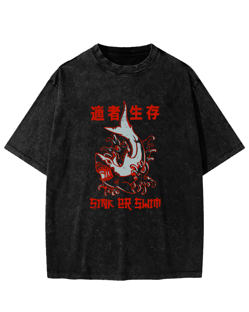 Japanese Script Shark Pattern Vintage Distressed T-shirt-Zazasy