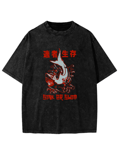 Japanese Script Shark Pattern Vintage Distressed T-shirt-Zazasy