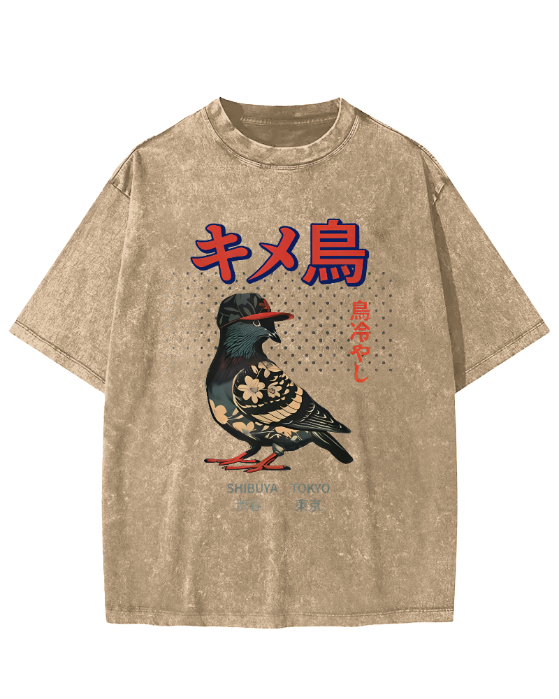 Tokyo Pigeon Vintage Washed T-shirt-Zazasy