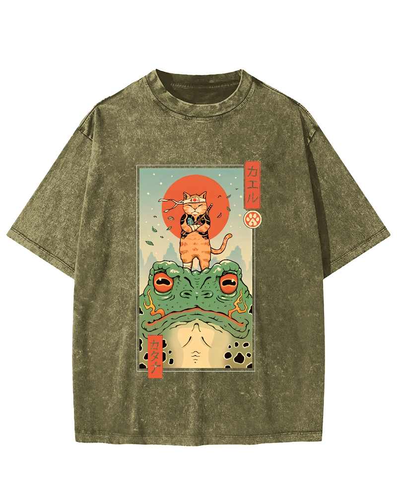 Frog And Cat Japanese  Vintage Distressed T-shirt-Zazasy
