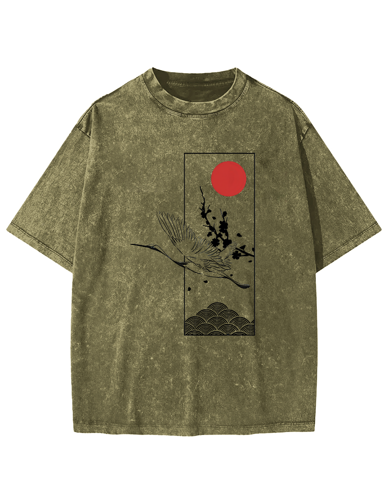 Japanese Sunrise Flying Crane Pattern Vintage Distressed T-shirt-Zazasy