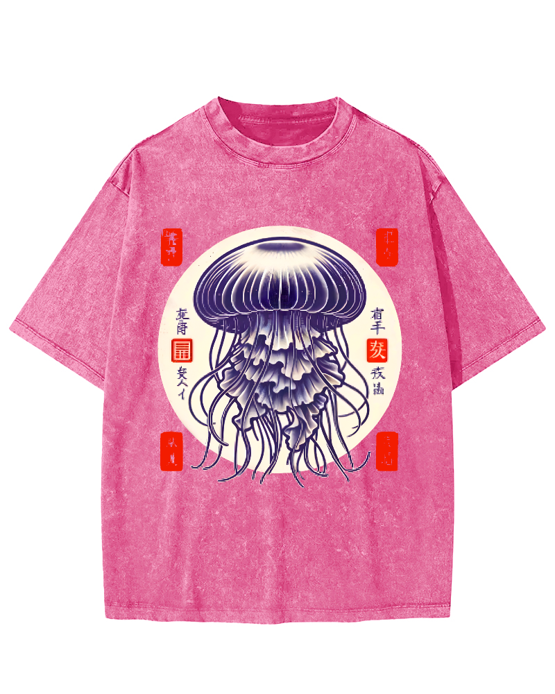Japanese jellyfish Vintage Washed T-shirt-Zazasy