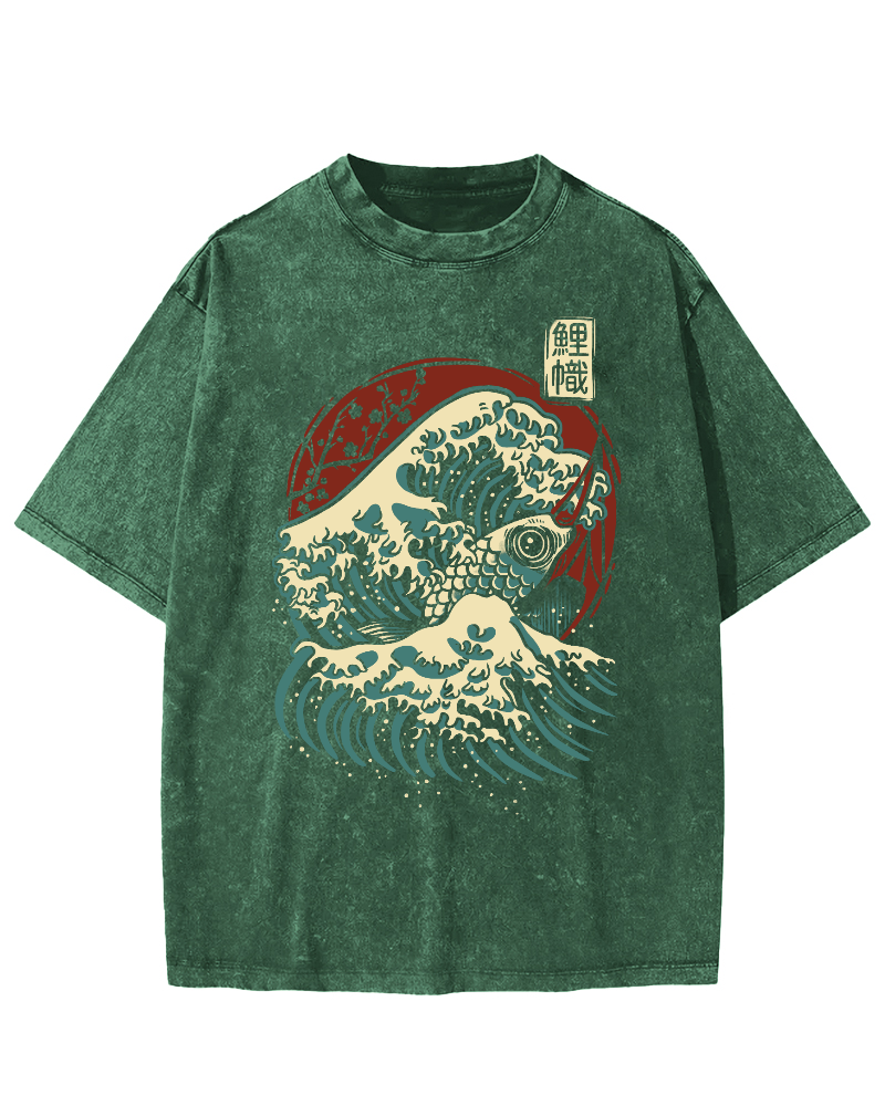Koi Fish Wave Japanese Style Vintage Washed T-shirt-Zazasy