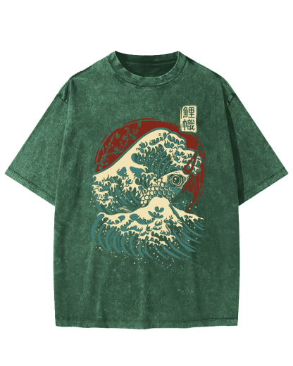 Koi Fish Wave Japanese Style Vintage Washed T-shirt-Zazasy