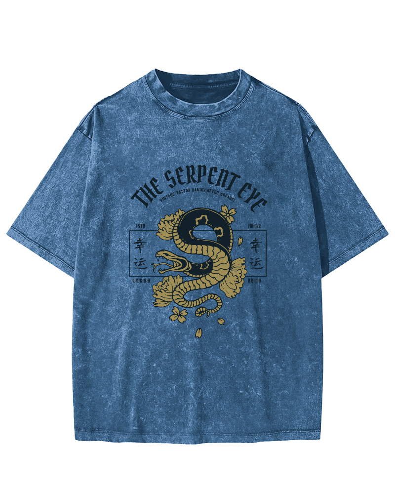 Japanese Lucky Snake Pattern Vintage Distressed T-shirt-Zazasy