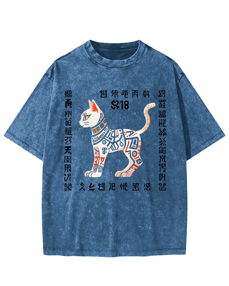 Abstract Geometry Cat Japanese Style Vintage Distressed T-shirt-Zazasy