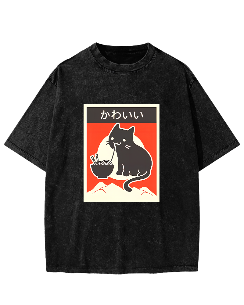 Noodle Eating Cat Japanese Style Washed T-shirt-Zazasy