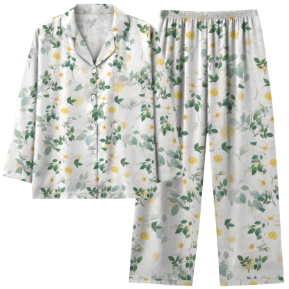 Japanese style floral comfortable long sleeved shirt and pajama set