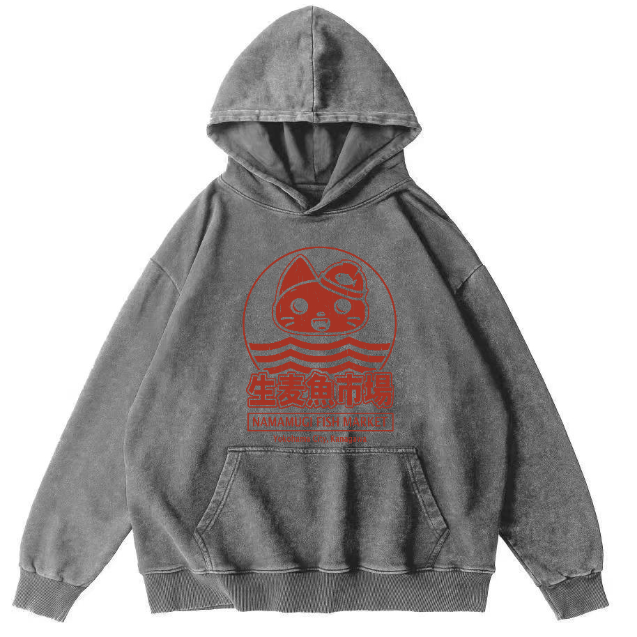 Raw Wheat Fish Market in Japan Vintage Washed Hoodie-Zazasy