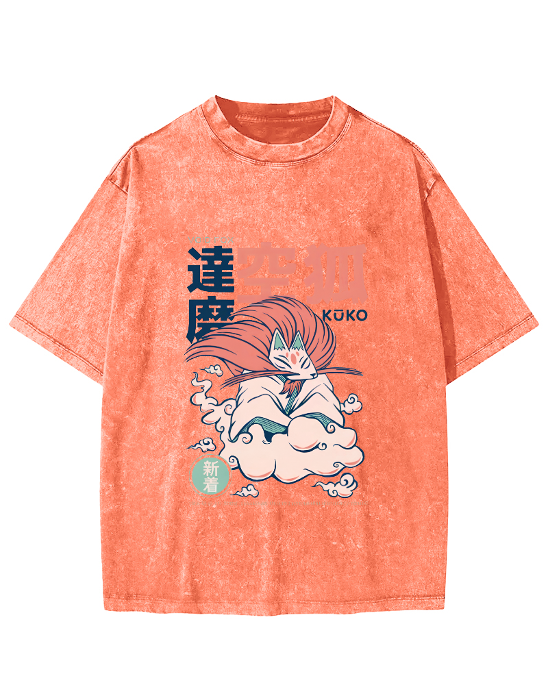 Japanese Abstract And Personalized Fox Pattern Vintage Distressed T-shirt-Zazasy