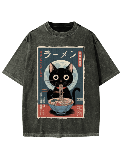 Black Cat Eating Ramen Vintage Washed T-shirt
