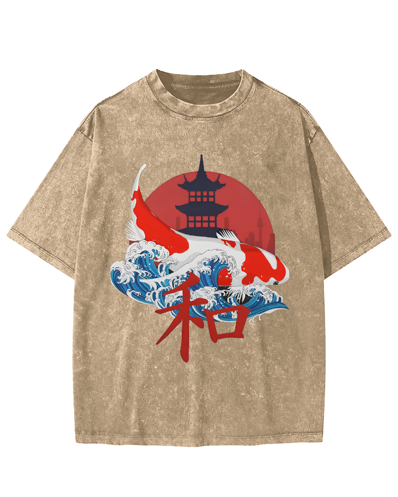 Japanese Style Koi Fish Vintage Distressed T-shirt-Zazasy