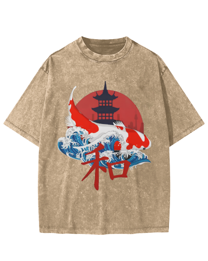 Japanese Style Koi Fish Vintage Distressed T-shirt-Zazasy