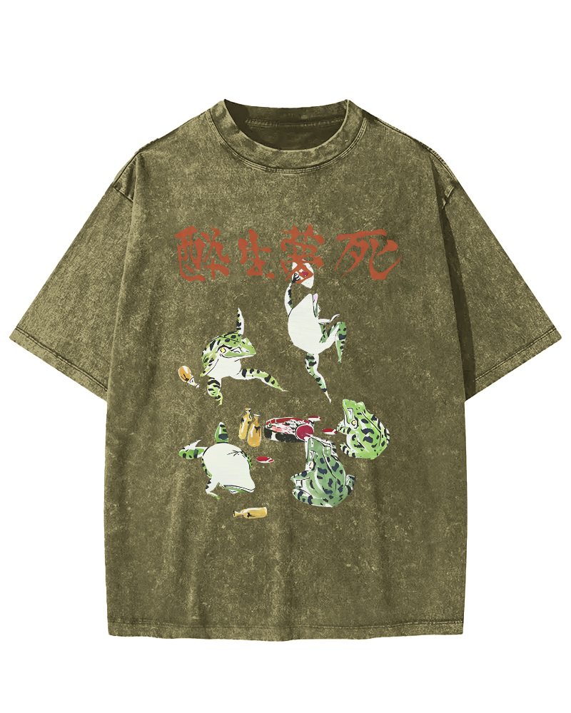 Drunk and Dreaming Frog, Japanese Style Vintage Washed T-shirt-Zazasy