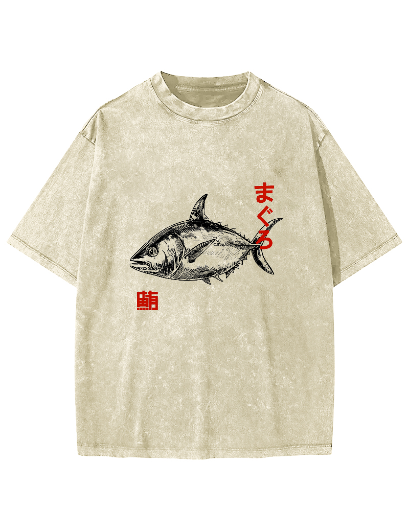 Japanese Tuna Pattern Vintage Distressed T-shirt-Zazasy
