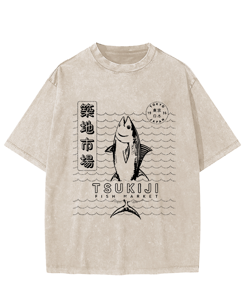 Tuna at Tsukiji Market in Tokyo, Japan Vintage Washed T-shirt-Zazasy