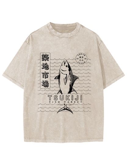 Tuna at Tsukiji Market in Tokyo, Japan Vintage Washed T-shirt-Zazasy