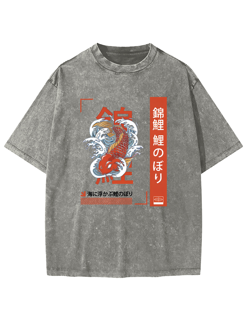Japanese Script Koi Pattern Vintage Distressed T-shirt-Zazasy