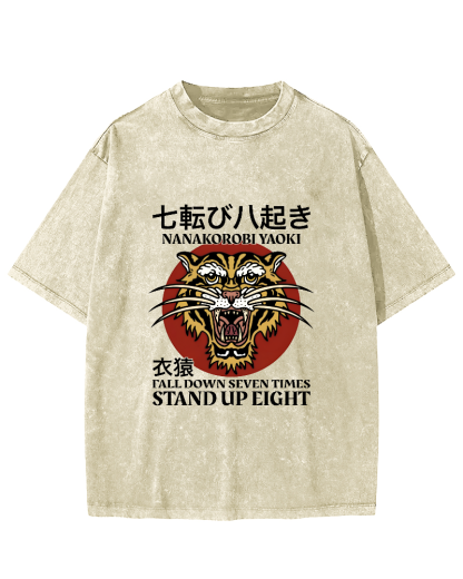 Japanese Tiger Head Pattern Vintage Distressed T-shirt-Zazasy