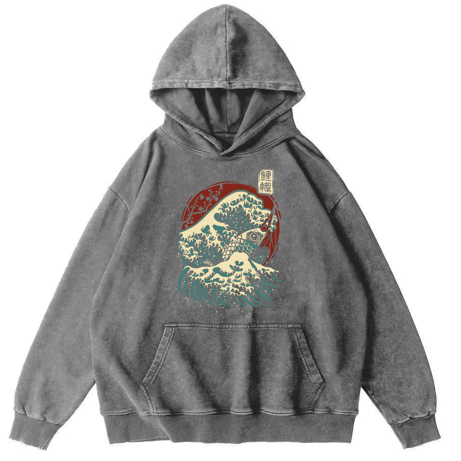 Koi in the Waves, Japanese Style Vintage Washed Hoodie-Zazasy