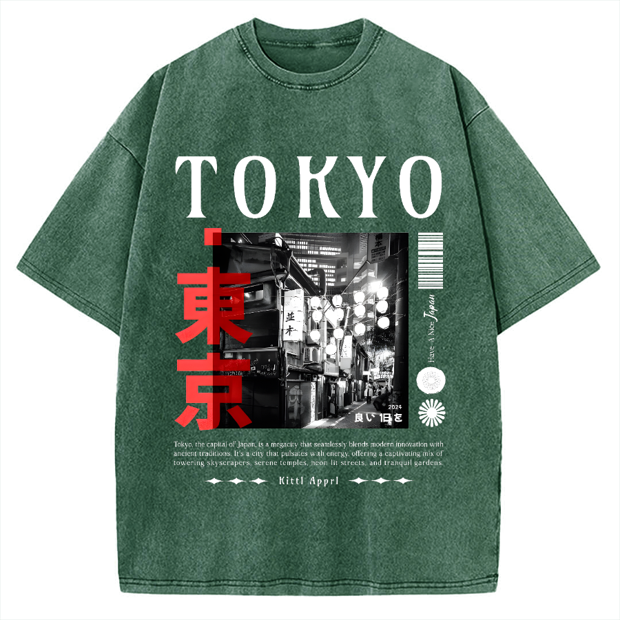 Tokyo Street Night Scene Vintage Washed T-shirt