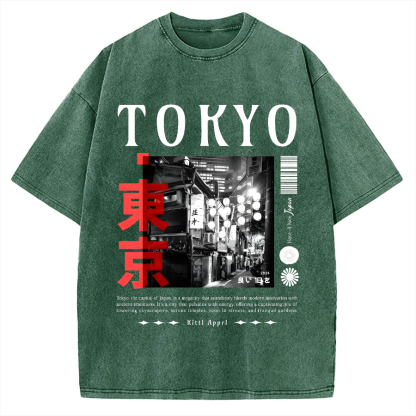 Tokyo Street Night Scene Vintage Washed T-shirt