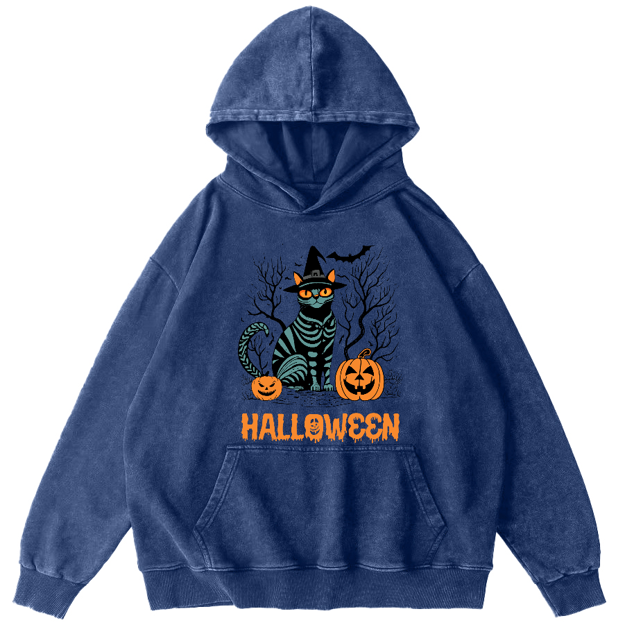 Halloween Cat Vintage Washed Hoodie-Zazasy