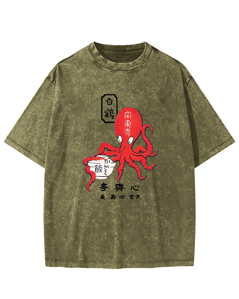 Japanese Script Octopus Pattern Vintage Distressed T-shirt-Zazasy