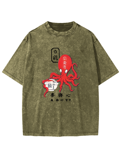 Japanese Script Octopus Pattern Vintage Distressed T-shirt-Zazasy