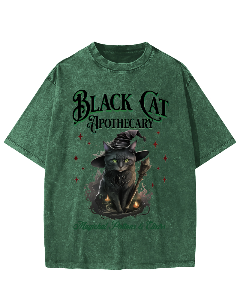 Black Cat Vintage Washed T-shirt-Zazasy