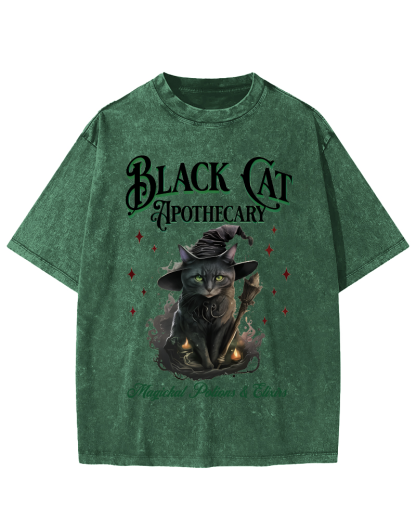 Black Cat Vintage Washed T-shirt-Zazasy