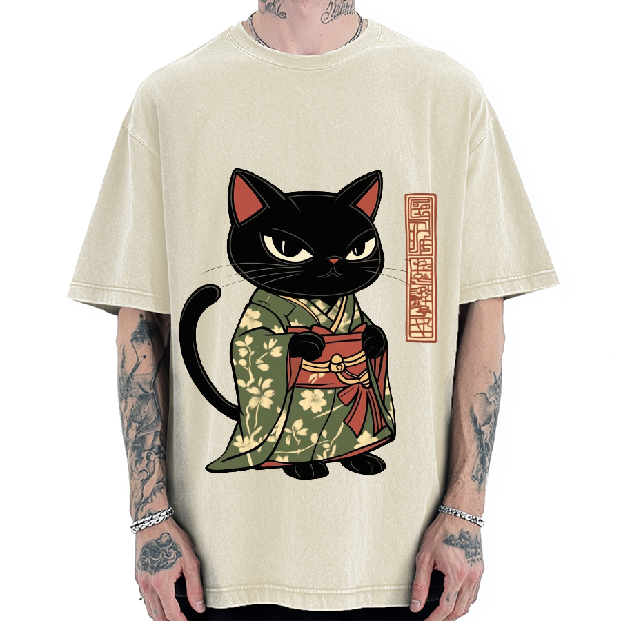 Japanese Cat Geisha Vintage Washed T-shirt