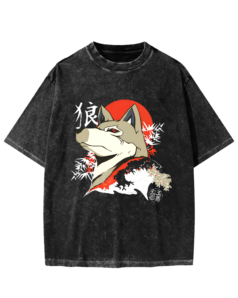 Cartoon Wolf Pattern Japanese Style Vintage Distressed T-shirt-Zazasy