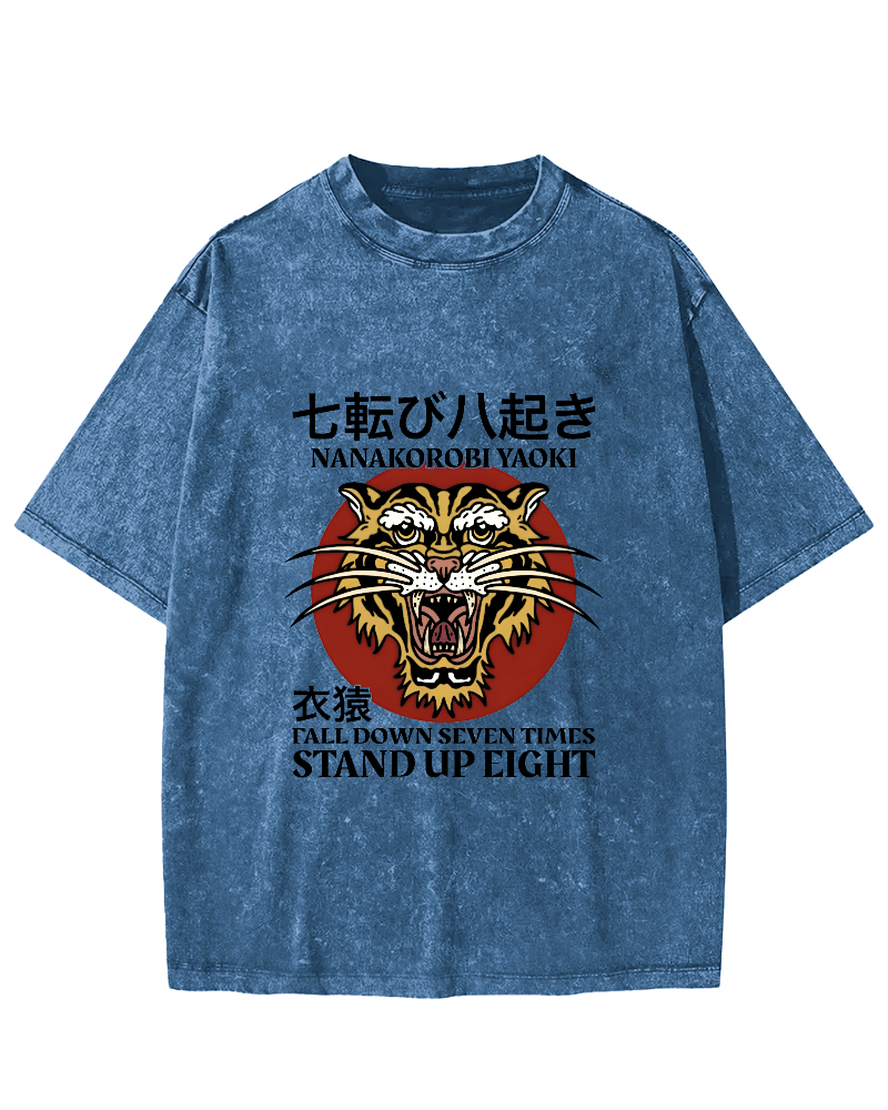 Japanese Tiger Head Pattern Vintage Distressed T-shirt-Zazasy