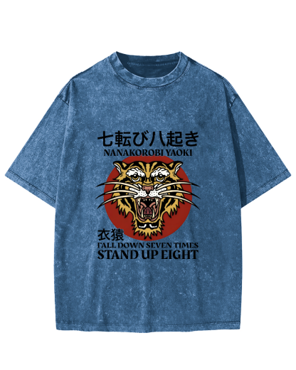 Japanese Tiger Head Pattern Vintage Distressed T-shirt-Zazasy