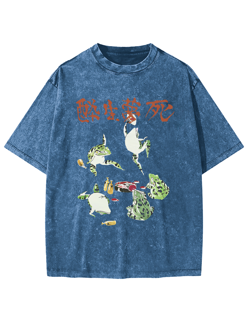 Drunk and Dreaming Frog, Japanese Style Vintage Washed T-shirt-Zazasy