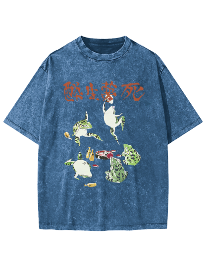 Drunk and Dreaming Frog, Japanese Style Vintage Washed T-shirt-Zazasy