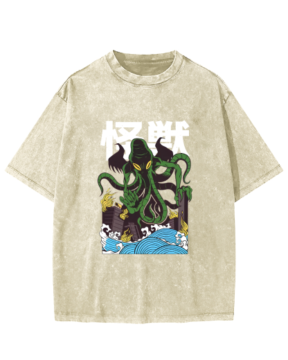 Japanese Octopus Pattern Vintage Distressed T-shirt-Zazasy