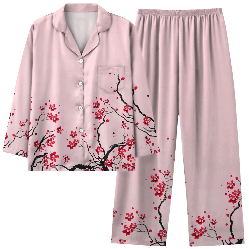 Japanese style plum blossom comfortable long sleeved shirt pajama set