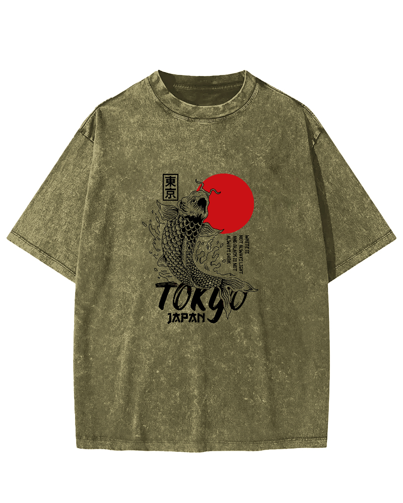 Tokyo Koi Pattern Vintage Distressed T-shirt-Zazasy