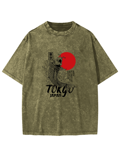 Tokyo Koi Pattern Vintage Distressed T-shirt-Zazasy