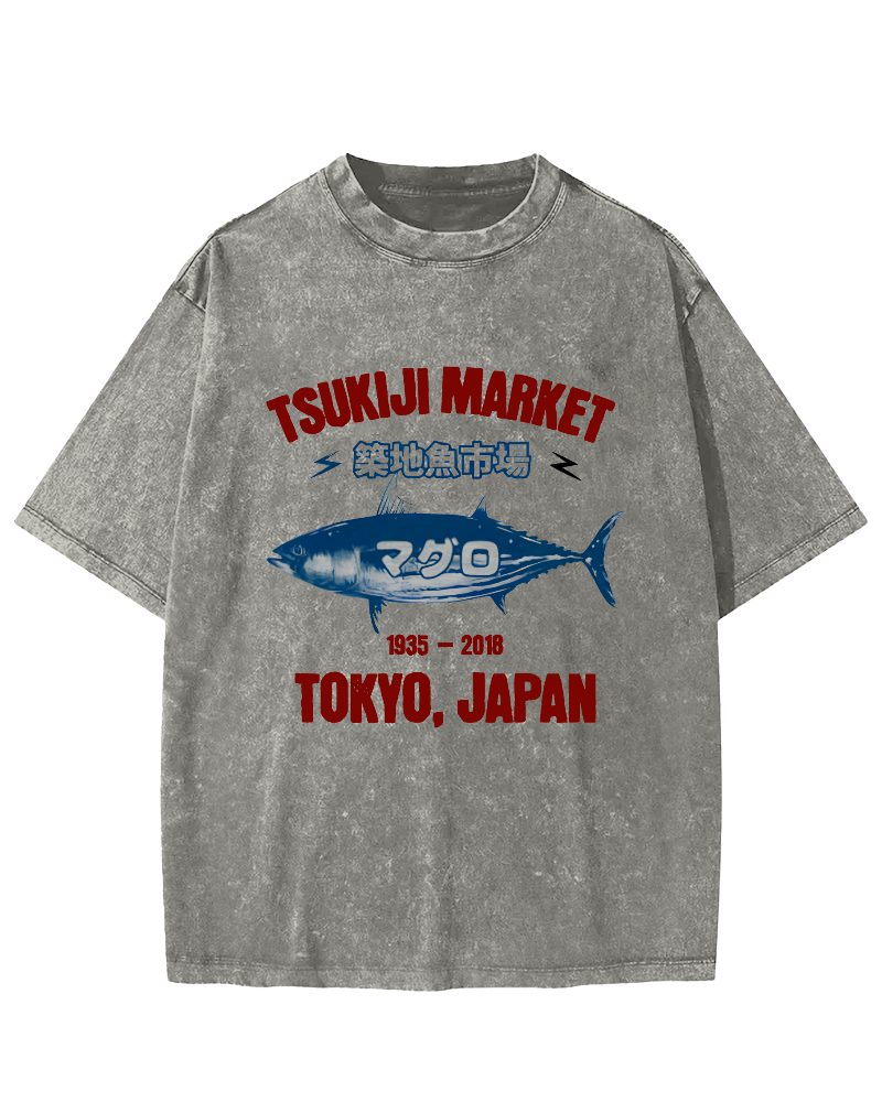 Japanese Tuna Pattern Vintage Distressed T-shirt-Zazasy