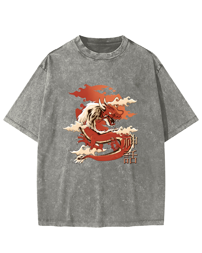 Japanese Dragon Pattern Vintage Distressed T-shirt-Zazasy