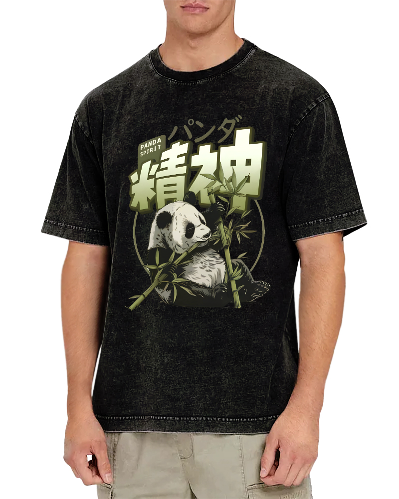 Panda Who Loves Bamboo, Japanese Style Vintage Washed T-shirt-Zazasy